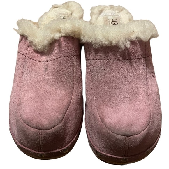 Ugg Kalie pink suede Sherpa lined studded wooden clogs - Picture 2 of 8